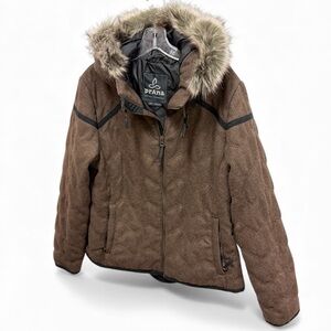 PrAna wool jacket with fur lined hood and zipper pockets size large